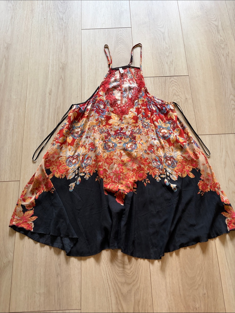 Free People Floral Lace-Trim Slip Camisole - Red & Black
